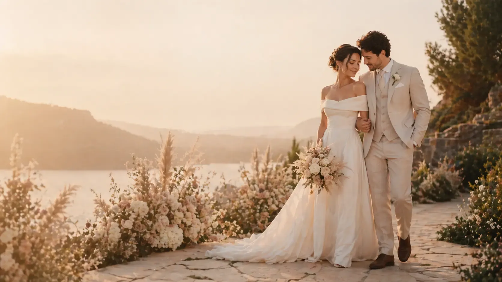 Casal de noivos caminhando ao pôr do sol em um cenário elegante de casamento ao ar livre