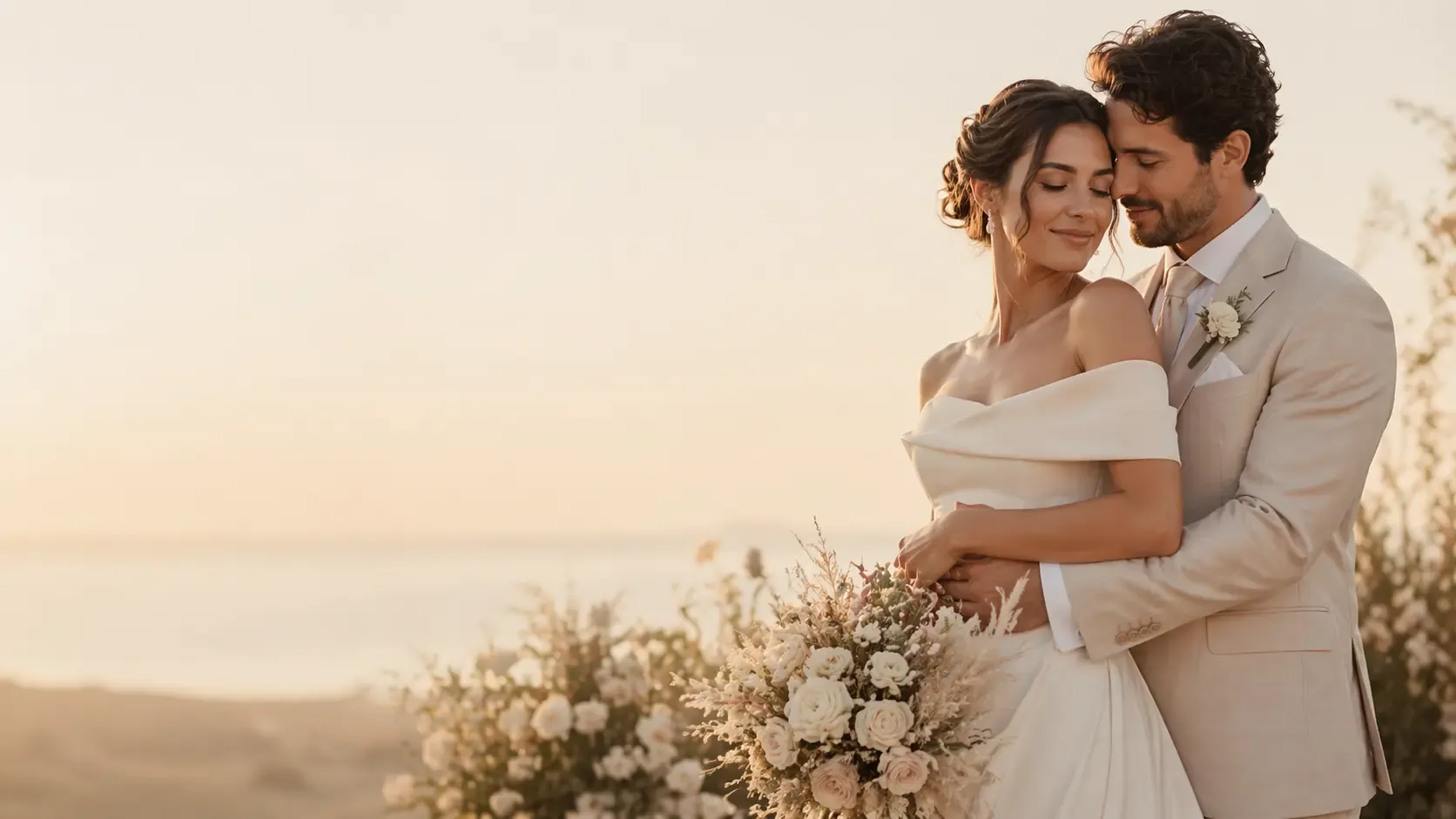 Casal abraçado ao pôr do sol em um casamento elegante ao ar livre