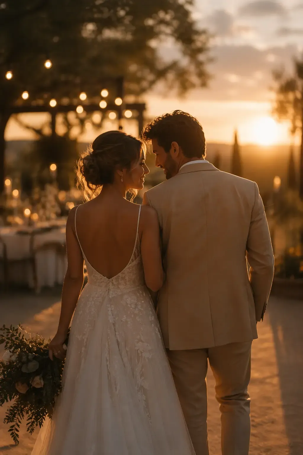 Casal de noivos caminhando ao pôr do sol em um cenário elegante de casamento ao ar livre