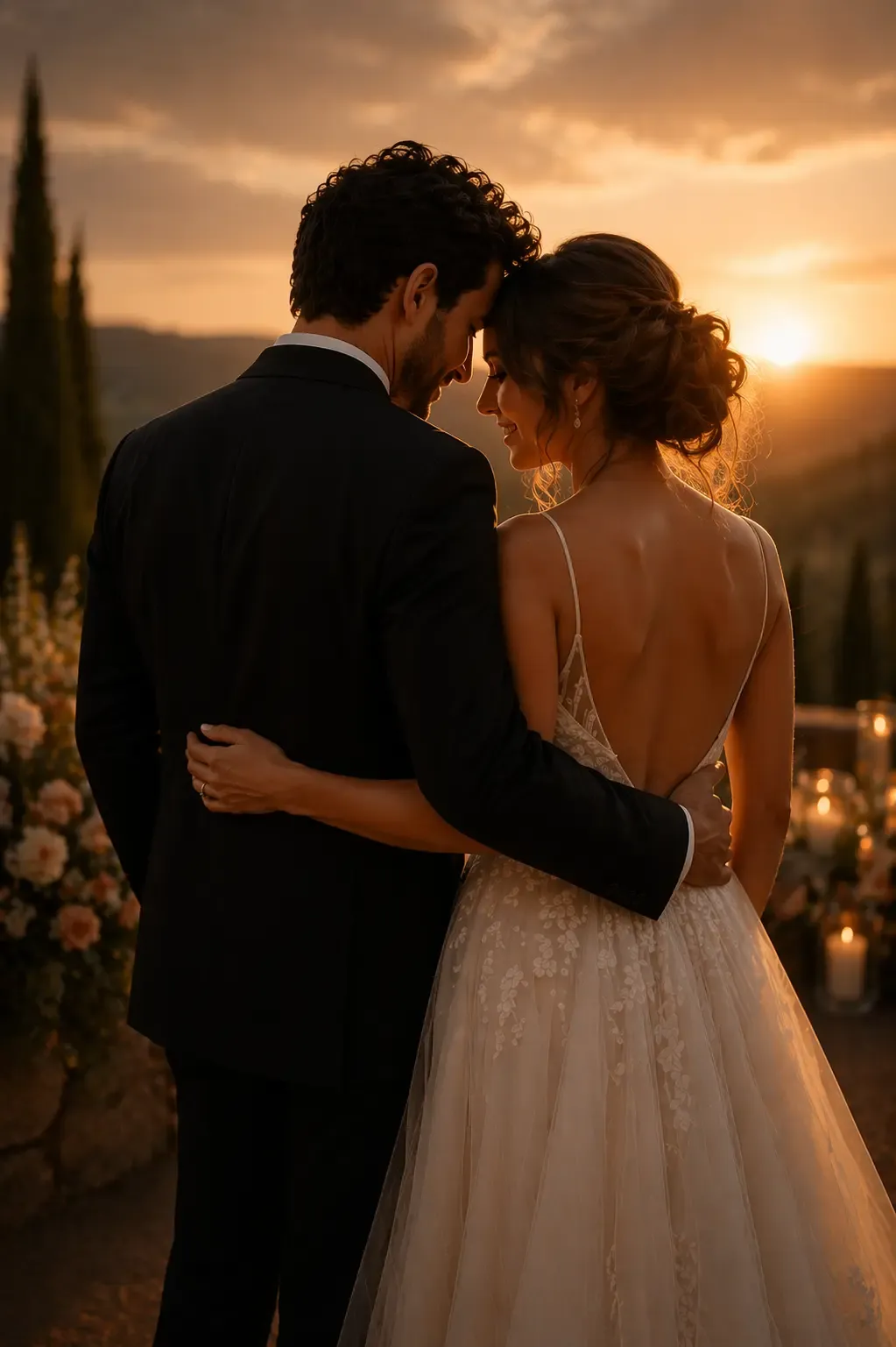 Casal abraçado ao pôr do sol em um casamento elegante ao ar livre
