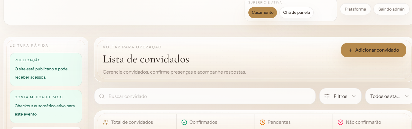 Tela da lista de convidados com busca, filtros, totais por status e respostas em andamento.