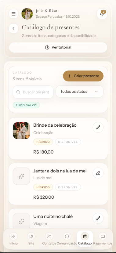 Tela real da lista de presentes do VOTO NOIVOS com catálogo de presentes, categorias, status e valores.