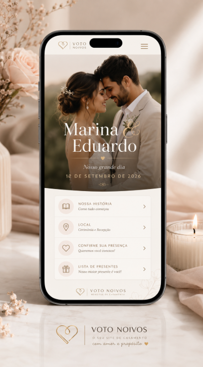 Mockup mobile claro de site de casamento com foto do casal, menu de história, local, RSVP e lista de presentes.