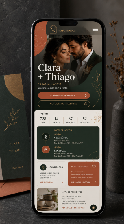 Mockup mobile escuro de site de casamento com botões de RSVP, lista de presentes, contagem regressiva, local e história.